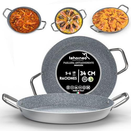 TEHORNEO Padella per Paella, Paellera Induzione 34 cm in Alluminio Antiaderente 5-6 porzioni, Paellera, Paella, Padella Paella, Pentola per Paella, Pentola Paella, Padella per Paella Induzione 34 cm