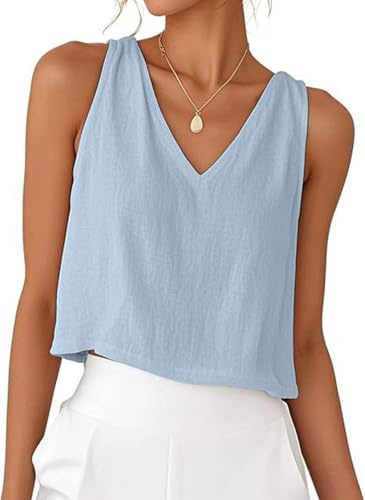 PADOLA Débardeur Femme Lin Chic et Élégant Col V Debardeur Court Été Uni Top sans Manche Coton Basique Tee Shirt Grande Taille Lâche Haut Fluide Débardeurs Ample Caraco (2 Bleu, L)