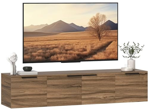 HOMCOM Mobile TV Sospeso per Televisori da 65, Mobile Porta TV con 3 Armadietti e Ripiani Rimovibili, per Soggiorno, Camera da Letto e Salotto, 150x35x32 cm, Marrone