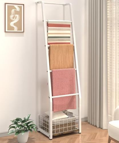 Ansionsol 6.3ft Blanket Ladder with Storage Basket, 5 Tier Decorative Ladder Shelf Stand for Living Room & Bedroom, Wall-Leaning Blanket Holder Quilt Rack for Home Décor, Rustic Brown & White
