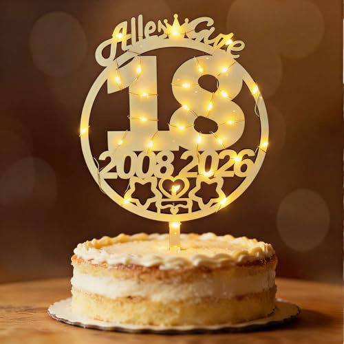 Tortendeko 18 Geburtstag Mädchen Junge 2008-2026, Seutgjie Deko 18. Geburtstag Cake Topper Holz mit LED Lichterkette Tortenaufleger Blumenstecker