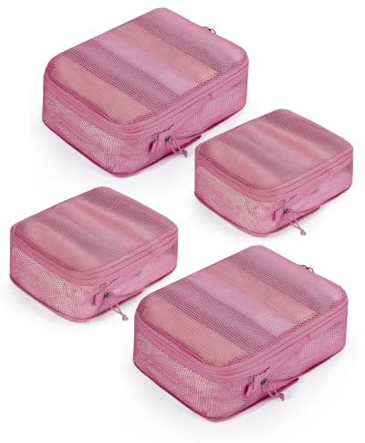 ECOHUB Kompressions Packing Cubes 4-teiliges Set, Koffer Organizer mit Kompression – bis zu 60% Platzersparnis, 3-lagig Verstärkt & Reißfest, Packwürfel für Koffer, aus recyceltem PET(Rosa)