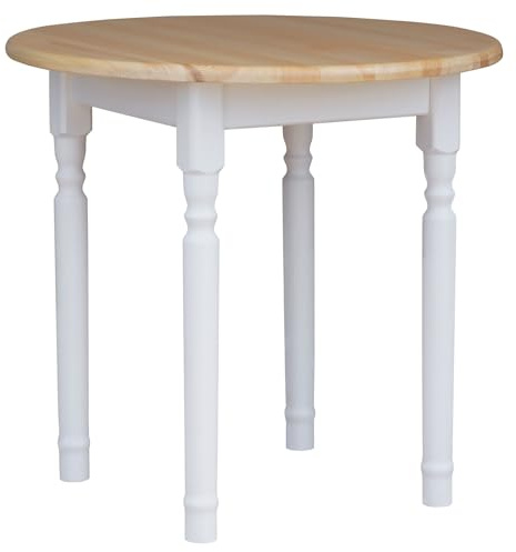 k koma Table à manger ronde de style maison de campagne – Pieds blancs, plateau de table couleur pin laqué (Ø 90 cm)