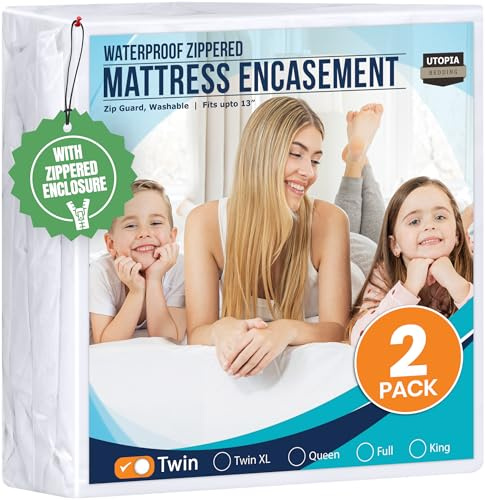 Utopia Bedding Mattress Protector Zippered Twin Size (Pack of 2), 100% Waterproof Bed Bug and Dust Mite Proof Mattress Encasement, Absorbent 6 Sided Mattress Cover