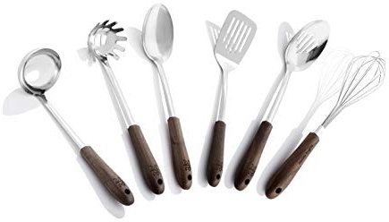 Stanley Rogers Küchenhelfer-Set, Kochbesteck mit Walnussholz-Griff und Funktionsteil aus hochwertigem Edelstahl, Kochutensilien für beschichtete Töpfe und Pfannen, Menge: 1 x 6er Set