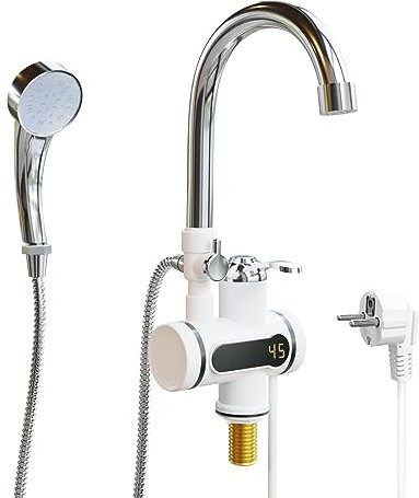 LANMOU Cuisine Electrique Chauffe-Eau Robinet d'eau Chaude et Froide à Double Usage Instantanée Chauffe Robinet 220V 3000W avec Affichage de la Température et Douche Amovible Tete Electrique
