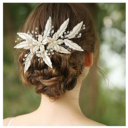 HONEY BEAR Damen Brautschmuck Blume Haarkämme Haar Klammern für Hochzeit, Kristall Strass mit Simulierte Perlen Haarschmuck, weiß,MEHRWEG (Blatt 1)