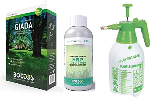 Giada, Sementi per tappeto erboso pregiato per aree poco soleggiate 1Kg + Concime Help 10+5+7+Micro da 1 litro Bottos con Pompa Spruzzatore a Pressione 2L