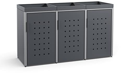 MEISTERBOX – 3er Mülltonnenbox Mülltonnenverkleidung mit Pflanzdach - 120L - Korpus & Dach Anthrazit/Pfosten Signalgrau