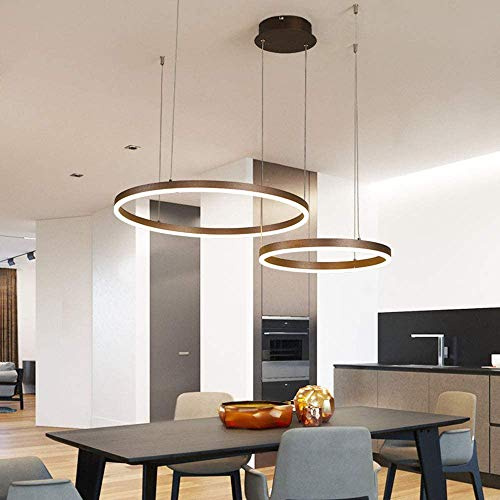 LED Pendelleuchte Esstischlampe Dimmba Metall ring Hängeleuchte Wohnzimmerlampe mit Fernbedienung Pendellamp Höhenverstellbar Kronleuchter Esszimmer Hängelampe Küchen Acryl Deckenleuchte,Braun,2 rings