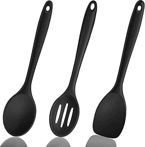 XPuing 3 Stück Silikon Rührlöffel Set, Silikon Spatel Set, Silikon kochlöffel, Kochlöffel Silikon Set, Rührlöffel Schlitzöffel, 500℉ Hitzebeständige Antihaft, Küchenhelfer (Schwarz)