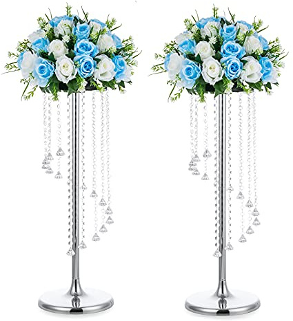 Nuptio 2 Stück Hochzeitsmittelstücke Silbervasen 70cm Hohe Kristallblumenvase Metallblumenständer für Partytischdekorationen Elegante Massenhochzeitsdekoration Tischkronleuchter Herzstückständer