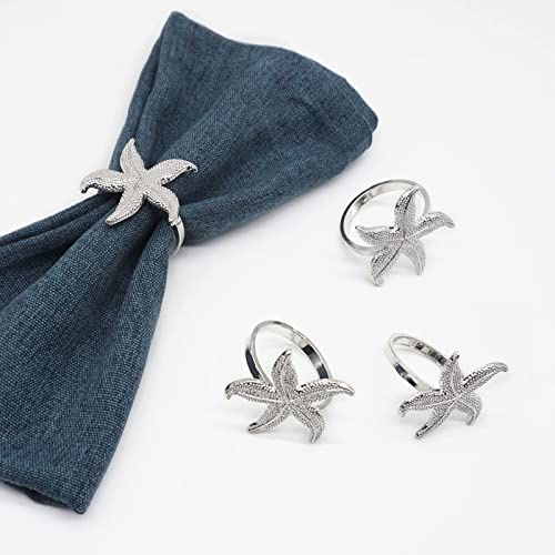 Starfish Napkin Rings Set of 6, Sea Star Silver Napkin Ring Holders for Nautical, Dinner Party, Summer, Wedding, Theme Party, Beach, Coastal Table Decor and Daily Use (6, Starfish Silver)