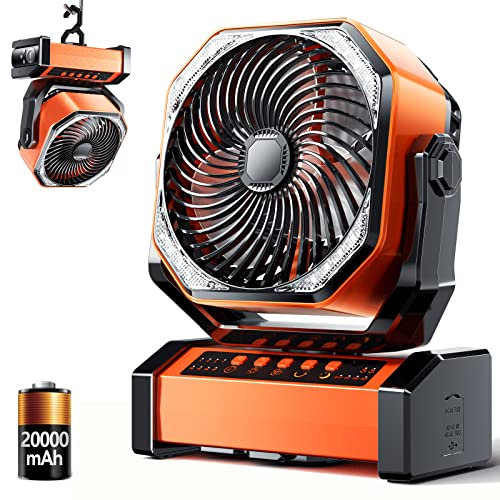 Camping LED Fan with Light, 20000mAh Rechargeable Battery Powered Outdoor Tent Fan with Light and Hook, 4 Speed, Personal USB Desk Fan for Camping, Fishing, Power Outage,Hurricane, Worksite