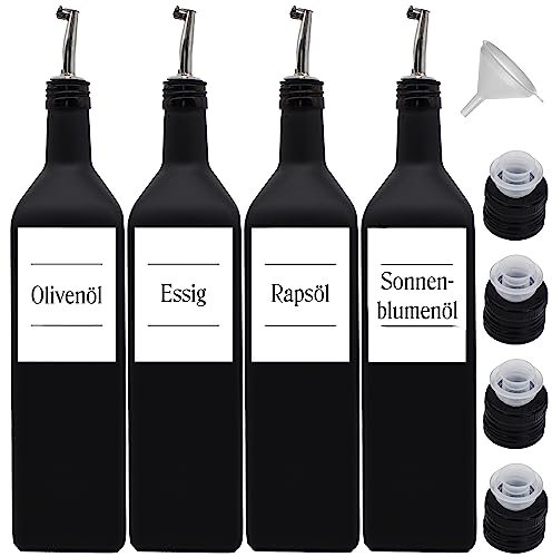 Ölflaschen-Set mit Edelstahl-Ausgießer - 1 Liter - wasserfeste Etiketten - Made in Germany - mit Deckel - langlebig - minimalistisch (4er Set)