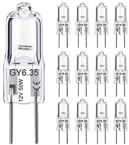 VIIVUU 12V Halogen Leuchtmittel 50W Stiftsockellamp,Halogen GY6.35 50W AC/DC G6.35/GY6.35 Halogenglühbirne,Warmweiß 2700K Halogenlampen für Kronleuchter, Schreibtischlampe 12 Stück