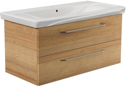 FACKELMANN Milano Badmöbel Set 2 Teile – Waschtisch mit Unterschrank fürs Badezimmer – Waschbeckenunterschrank mit Schubladen in Holz braun – Badschrank hängend – 100 cm breit
