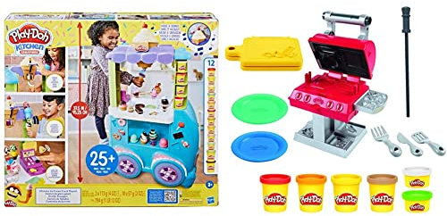 Play-Doh Kitchen Creations Großer Eiswagen, Spielset mit 27 Accessoires & Kitchen Creations Grillstation Spielset für Kinder ab 3 Jahren mit 6 Farben und 7 Zubehörteilen, Mehrfarbig