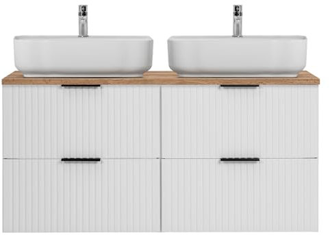 Lomadox Waschtisch 120cm mit 2 Aufsatzbecken, weiß mit Eiche Nb., Front gerillt, Keramikwaschbecken weiß