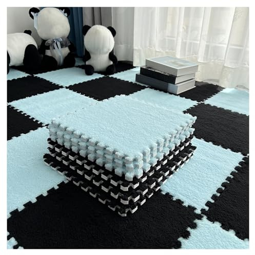 10 Stück Weiche, Zottelige Teppiche, Flauschige Ineinandergreifende Teppichfliesen, rutschfeste Spleiß-Puzzle-Spielteppich-Bodenfliesen, Sensorische Matte(Color:Hellblau+Schwarz)
