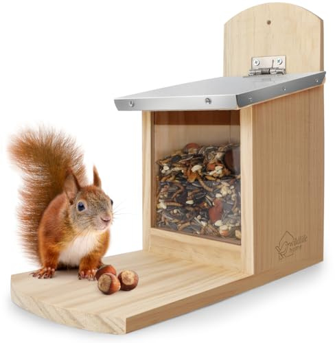 WILDLIFE HOME Ekorrfoder med metalltak i foderstation av skruvat massivt trä, väderbeständigt och obehandlat, ekorrhus