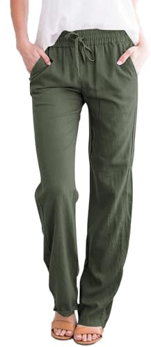 Tincini Leinenhose Damen Hose Sommer Musselin Leinen Hosen Stoffhose Einfarbig Freizeithose Gerade Geschnitten Strandhose Sommerhose mit Taschen (Armeegrün, L)