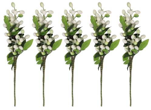 Tyenaza 5 Pezzi Steli di Bacche Artificiali, Bacche di Agrifoglio Natalizie Steli di Bacche Bordeaux Steli di Bacche Artificiali Decorazione per Tavolo Centrotavola Vaso Soggiorno Ufficio(Bianco)