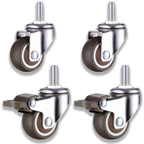 4 x Rotelle per Mobili M8, Rotelle Girevoli a 360°, Girevoli Silenziose, M8 X 20 mm, 2 x con Freno + 2 x Senza Freno, Rotelle Filettate in Gomma Antiscivolo, per Mobili da Interno ed Esterno