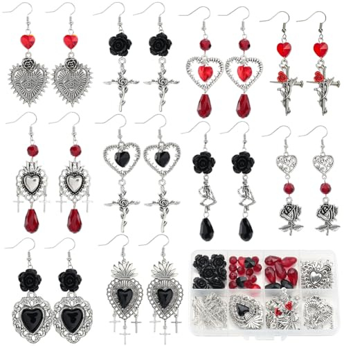 SUNNYCLUE 1 Box Mit 10 Paar Halloween Ohrring Bastelsets Gothic Herzanhänger Kreuz Skelett Totenkopf Anhänger Rose Blume Rot Schwarz Glasperlen Für Schmuckherstellungssets DIY Ohrhänger Geschenkzubehö