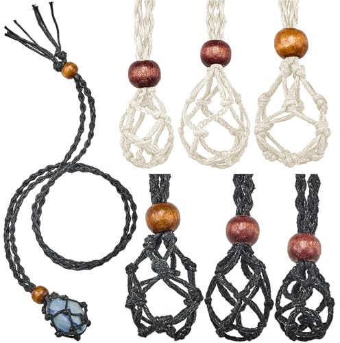 Hicarer 6 Stück Leerer Steinhalter Kette Kristallsteinhalter Kette Quartz Kristall Halskette Halter Fischnetz Stein Halskette Schnur 3 Größen Verstellbare Schnur Käfig für DIY Schmuck (Schwarz, Beige) | Leerer Käfig-Anhänger für Kristallschmuck, geflochtenes Seil mit Holzperlen, passend für Trommelsteine, Netz-Design für DIY