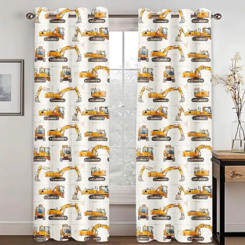 KARPIX Cartoon-Auto Vorhang Blickdicht, Traktor Feuerwehrauto Fenstervorhang Polyester mit Ösen für Jungen Mädchen Kinderzimmer Schlafzimmer Wohnzimmer (4,150x166cm(2x75x166cm))