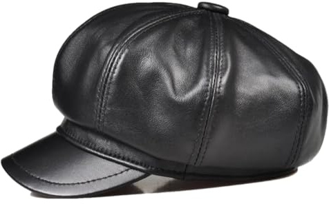 Newsboy Cap für Damen und Herren, echtes Leder, Schaffell, Baskenmütze, Vintage, achteckige Kappe, Schwarz , S