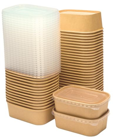 650ml Kraft Food Containers with PP Lids Rectangular Takeaway Box, Kraft Paper Salad Box, Take Out Salad Box, Oil and Water Resistant, for Takeaway, Fitness Lunch, Salad (650ml, case of 100)