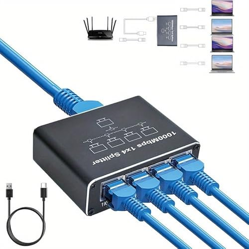 Rynli 4-Port Gigabit Ethernet Switch 4 Port, RJ45 Splitter, 1000Mbps Internet Splitter for Gaming & Streaming - Efficient LAN Cable Hub, Ethernet Switch 1 to 4 for Router, Laptop, & Networking Device