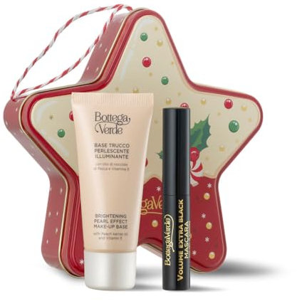Bottega Verde - Confezione Regalo con 1 Mascara Volume Extra Black da 8 ml e 1 Base Trucco Illuminante Perlescente da 30 ml, in un'Originale Scatola di Latta, Idea Regalo Make-Up