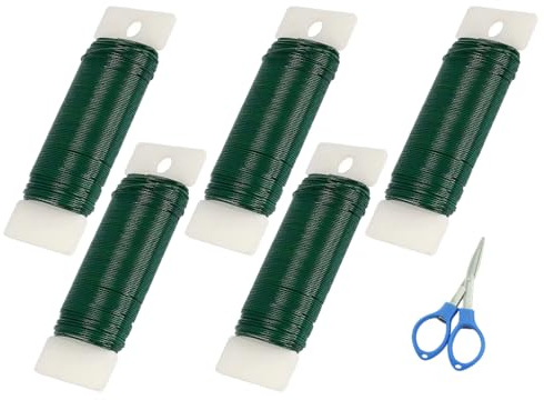 Hitopin 5 Stück grüner Blumendraht, Bindedraht Wickeldraht Grün, Basteldraht Set 35M, 0.7mm Wickeldraht, mit 1 Klappschere, für die Herstellung von Blumen und Pflanzen, Rosen, Basteln(Grün)