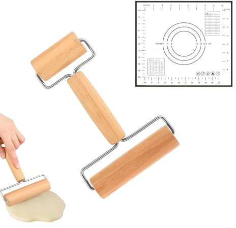 YFaith Rodillo Cocina, 2 Cabezales Rodillo de Mango Madera Antiadherente, 6 cm y 10,5 cm Rodillo Amasar, con Mango, con Almohadilla de Silicona para Amasar, para Masa, Pizza y Ravioles