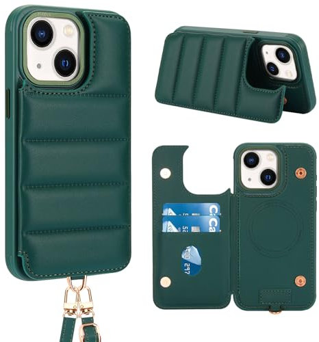 Butnyeoe Crossbody Wallet Case for iPhone 13/14(6,1) with Card Holder Magnetic Charging Kickstand,Flip Leather Phone Case,RFID Blocking Protective Cover,Wrist Strap Lanyard Handbag,Dark Green