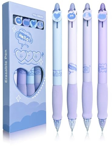 Linkgood Radierbarer Kugelschreiber, 4 Stück Tintenroller Radierbar, 0,5mm Blau Kugelschreiber, Radierbare Stifte Set, Radierbarer Gelschreiber für Kinder Geschenk, Erwachsene Bürobedarf (Lila)