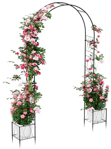 Gartenbogen Rankgitter für Kletterpflanzen im Freien, 2 m, Metallbogen-Spalier, Gartenlaube, gewölbtes Rankgitter mit 2 Pflanzkästen, Hochzeitsbögen, Hintergrundständer für Zeremonie, Party, Hinterhof