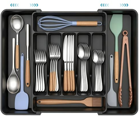 Lepat Utensils Drawer Organiser, Expandable Cutlery Tray for Kitchen Drawer, Adjustable and Silverware Holder, Cutlery Plastic Flatware Spoons Forks Knives Holder Storage Insert, Black