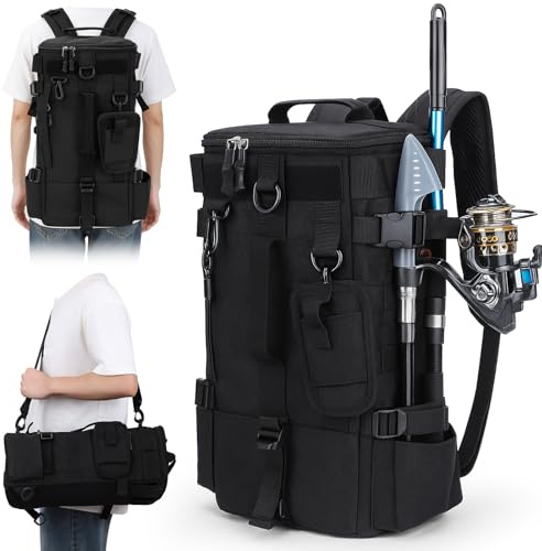 Aceshop Fishing Tackle Backpack Storage Bag, 20L Large Capacity Fishing Backpack Sturdy Sling Fish backpack Military Tactical bag Multi-Purpose Camouflage Fish Bag for Hiking Hunting Camping (Black)