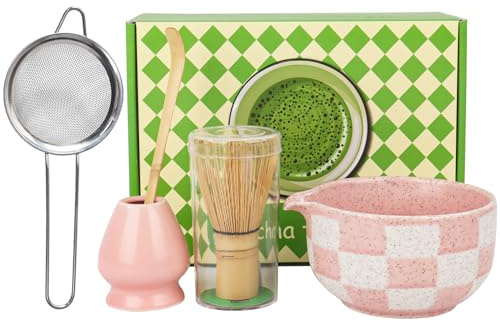 Set of 5 Matcha Whisk Set Matcha Kit with Matcha Bowl, Matcha Whisk Matcha Starter Kit for Tea Ceremony(Pink)