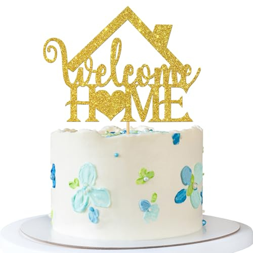 Welcome Home Cake Topper - Housewarming Themed Cake Supplies - New Home - Family Reunion Party Decorations - Gold Glitter