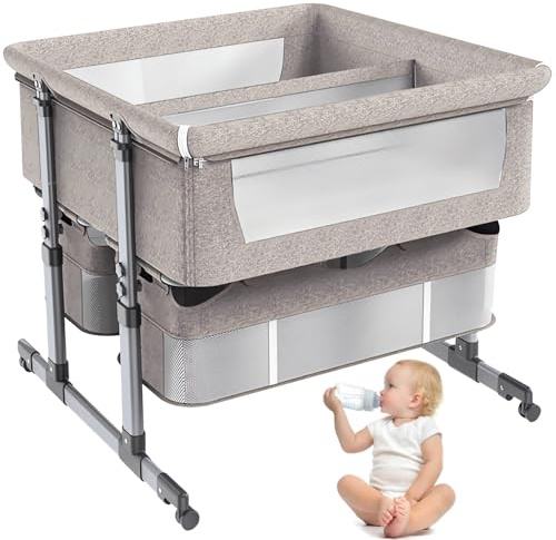 Generisch Zwilling-Beistellbett Baby,Convertible Babybett für Co-Sleeping,6 Höhenverstellbar Stubenwagen Baby mit Rollen,Babys Reisebett Mit Matratze,Faltbar Kinderbett von 1 bis 36 Monaten (Khaki)