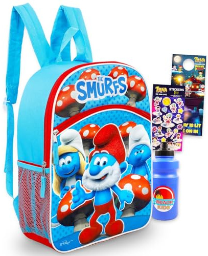 Smurfs Backpack for School - Bundle with 16” Backpack Plus Water Bottle, Stickers, More | Smurfs School Bag for Kids, Girls, Boys