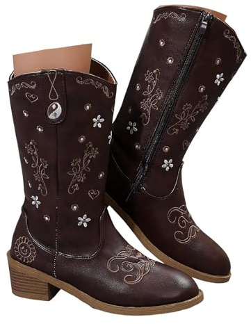 Xbemkste Damstövlar, blockklack, broderi, spets, tå, västerländsk, cowboystövlar med dragkedja, vintage, halvstövlar, eleganta halvstövlar, vinterstövlar