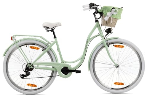 Goetze Mood Damenrad 28 Zoll, 7-Gang mit Korb | Tiefeinstieg, Shimano-Antrieb, V-Brakes, LED-Beleuchtung, Reflektoren, komplett ausgestattet