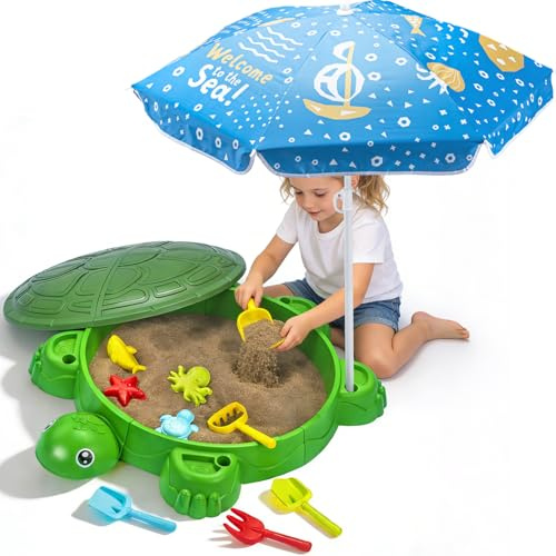 VROGTIK Turtle Sandbox with Lid & Umbrella, 38 Kids Sandbox with Beach Toys Set, Safe Sensory Play Sand Box for Toddlers, Indoor Outdoor Backyard Summer Gift for Ages 3-8