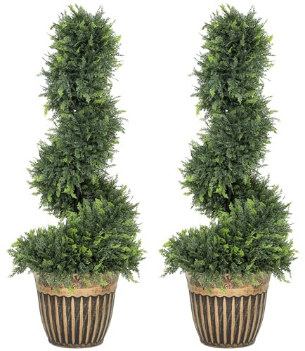 HOMCOM Set of 2 Decorative Artificial Plants Topiary Spiral Cypress Trees in Pot, Fake Plants for Home Indoor Outdoor Decor, 90cm, Green